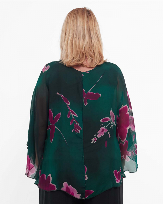 Bluză elegantă verde stil kimono din vâscoză cu mâneci evazate și imprimeu floral [2]
