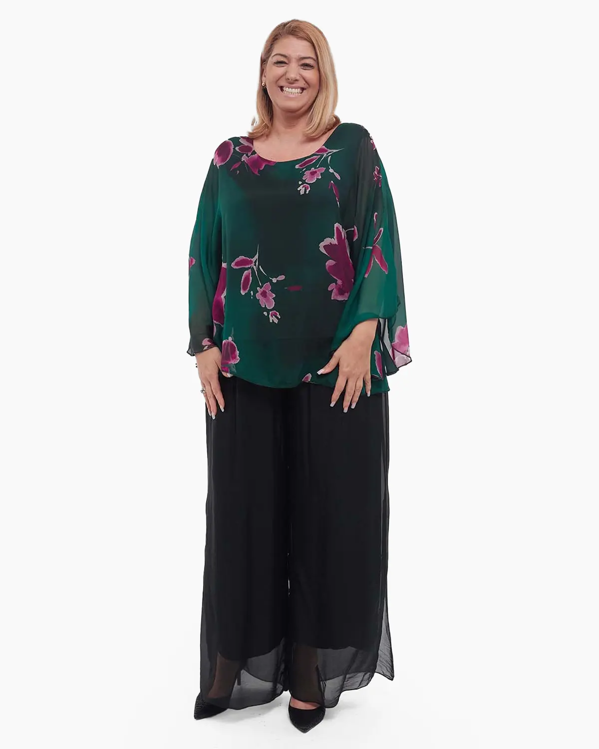 Bluză elegantă verde stil kimono din vâscoză cu mâneci evazate și imprimeu floral [3]