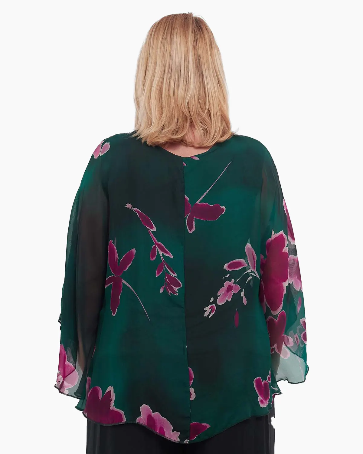 Bluză elegantă verde stil kimono din vâscoză cu mâneci evazate și imprimeu floral [2]