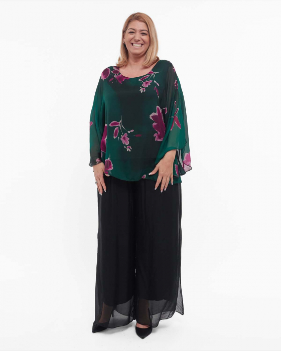Bluză elegantă verde stil kimono din vâscoză cu mâneci evazate și imprimeu floral [3]