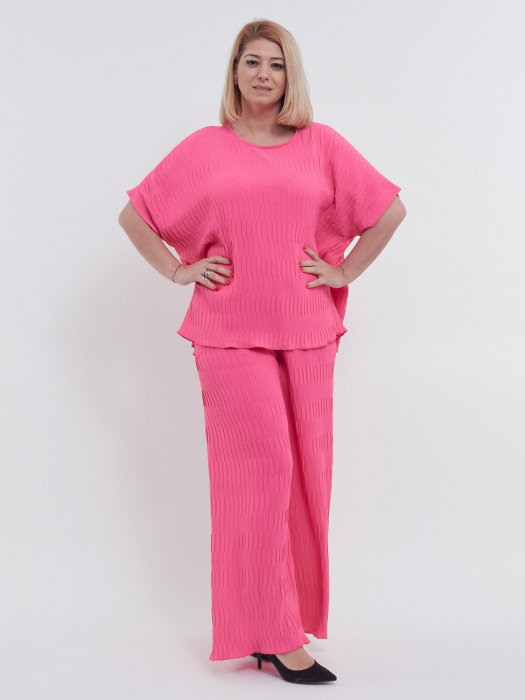 Bluza feminina casual cu umeri cazuti, maneci scurte si croiala larga, decolteu rotund clasic, talie unica, roz [4]