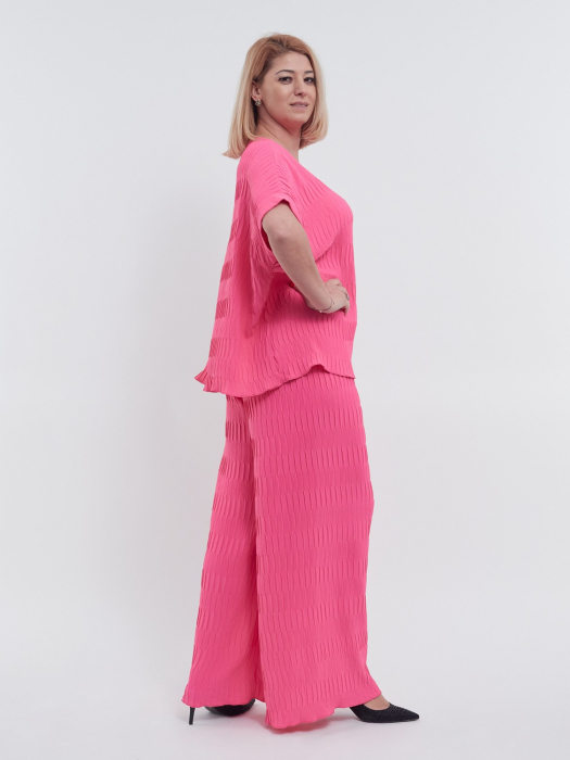 Bluza feminina casual cu umeri cazuti, maneci scurte si croiala larga, decolteu rotund clasic, talie unica, roz [3]