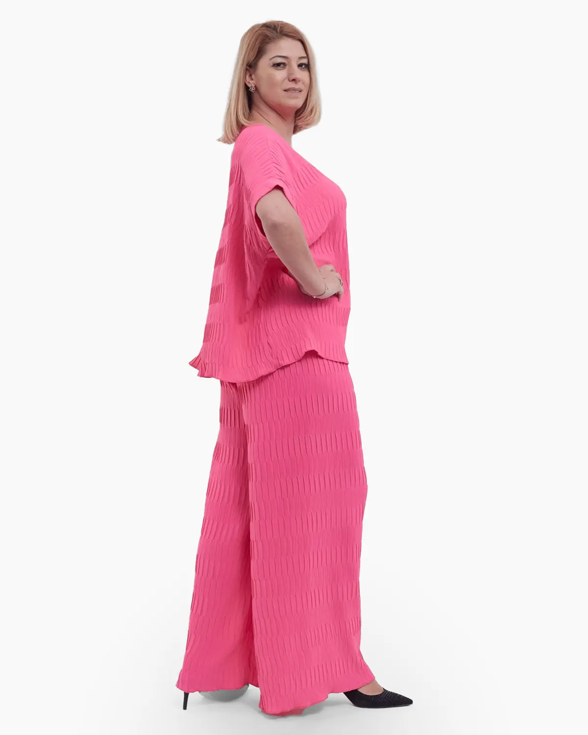 Bluza feminina casual cu umeri cazuti, maneci scurte si croiala larga, decolteu rotund clasic, talie unica, roz [3]