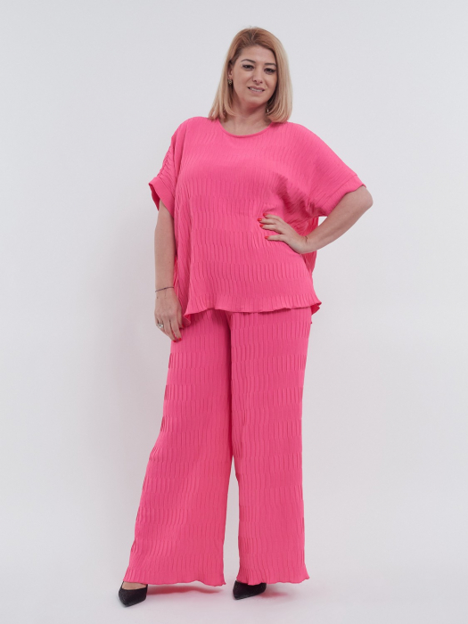 Bluza feminina casual cu umeri cazuti, maneci scurte si croiala larga, decolteu rotund clasic, talie unica, roz [2]