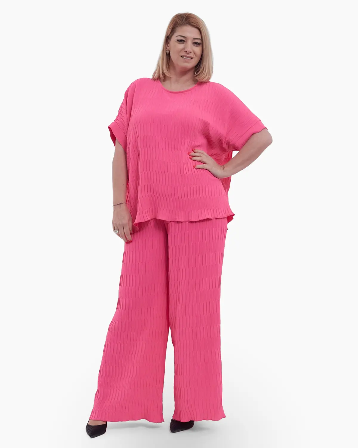 Bluza feminina casual cu umeri cazuti, maneci scurte si croiala larga, decolteu rotund clasic, talie unica, roz [2]