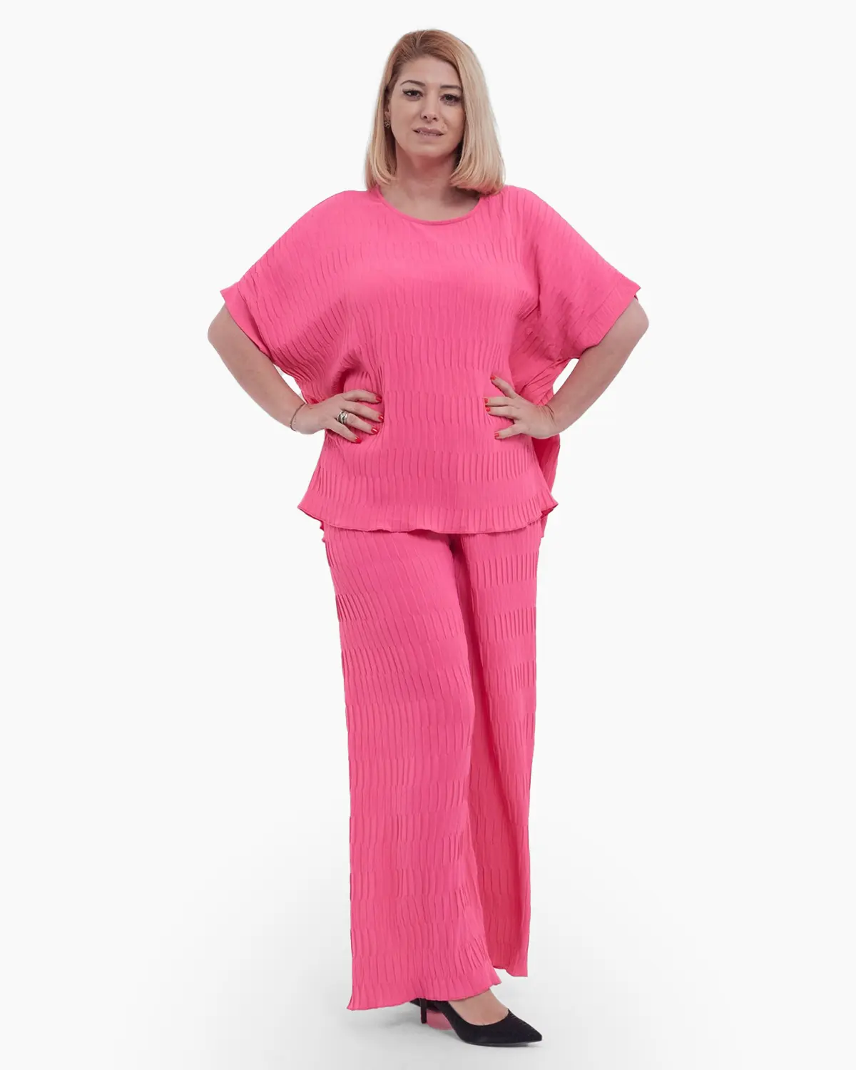 Bluza feminina casual cu umeri cazuti, maneci scurte si croiala larga, decolteu rotund clasic, talie unica, roz [4]