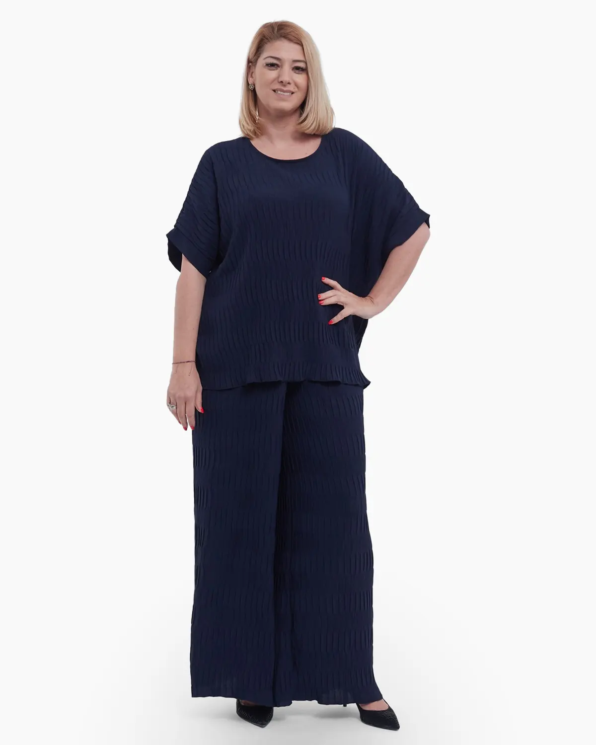 Bluza feminina rafinata si versatila stil casual cu umeri cazuti maneci scurte croiala lejera talie unica bleumarin [3]