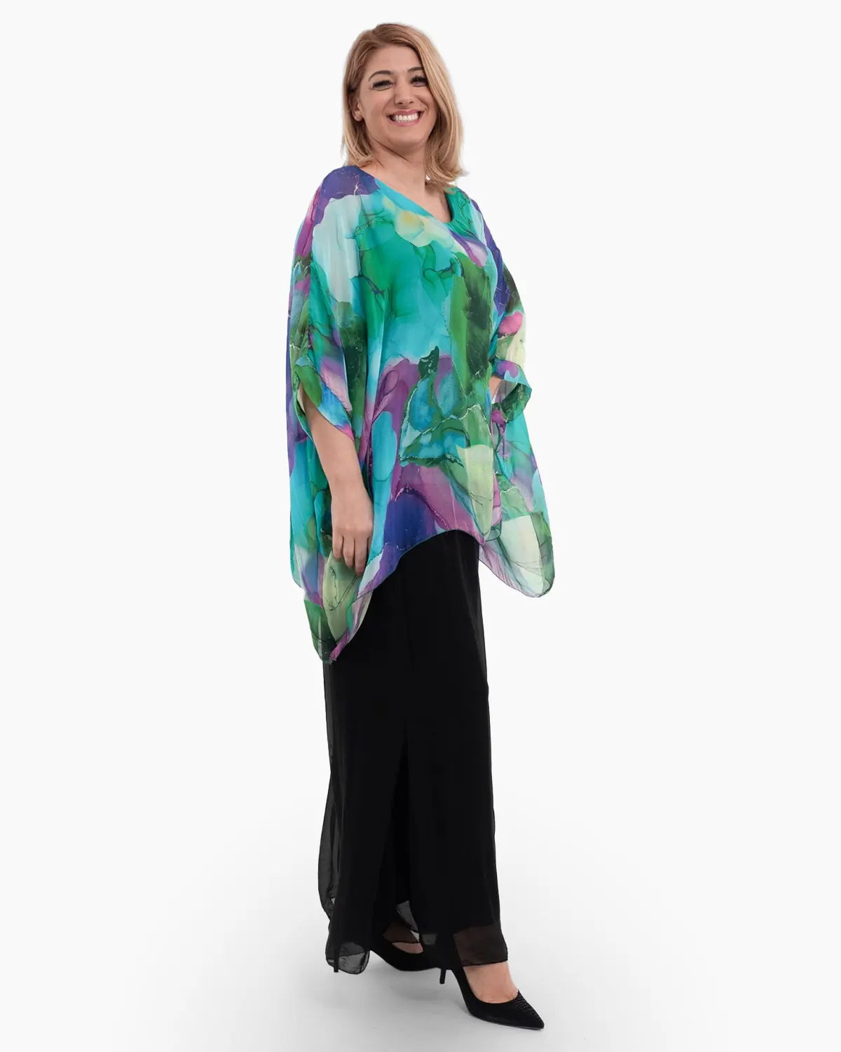 Bluza fluida cu matase, verde si mov [3]