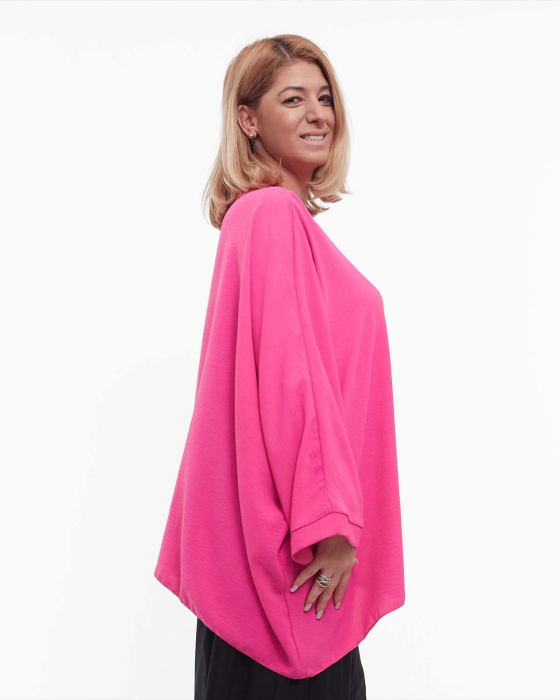 Bluză fucsia casual amplă din vâscoză, mâneci dolman, colier inclus [4]
