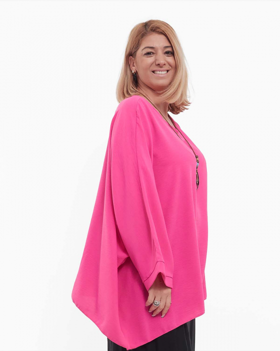 Bluză fucsia casual amplă din vâscoză, mâneci dolman, colier inclus [3]