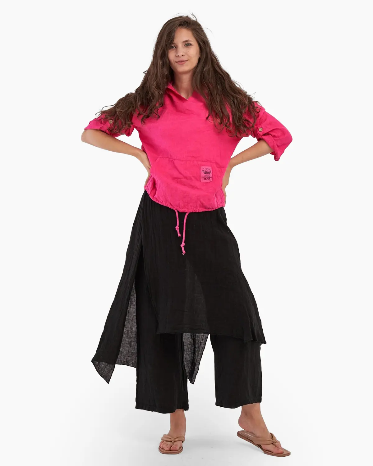 Bluza fucsia gen hanorac din in cu gluga si buzunare [3]