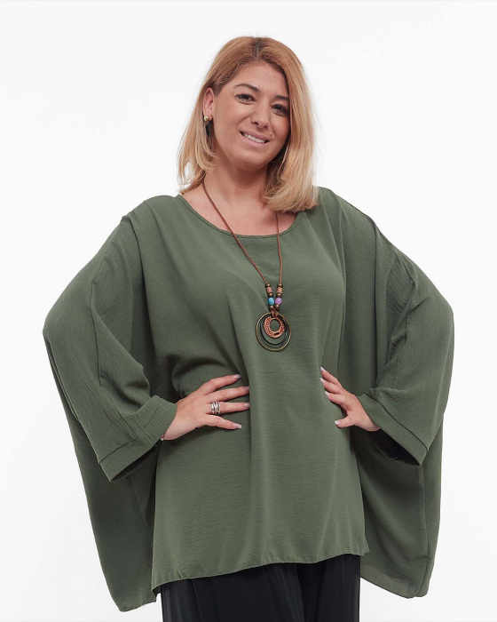Bluză kaki casual din vâscoză lejeră, mărime unică și colier inclus [1]