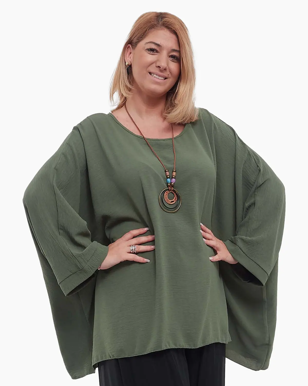 Bluză kaki casual din vâscoză lejeră, mărime unică și colier inclus [1]