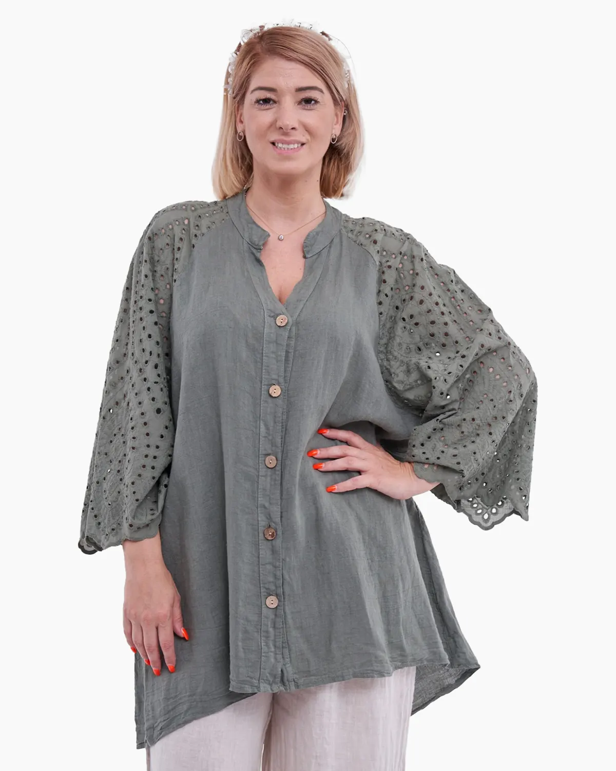 Bluza kaki din in, oversize, cu broderie sparta la maneci [2]
