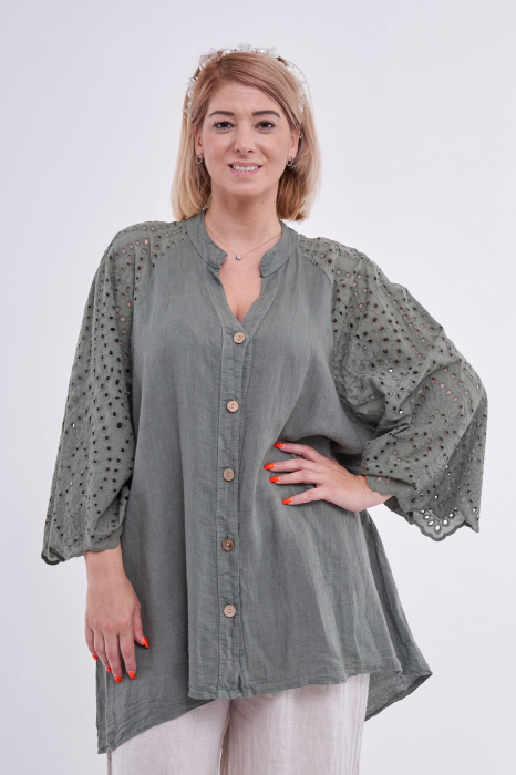 Bluza kaki din in, oversize, cu broderie sparta la maneci [2]