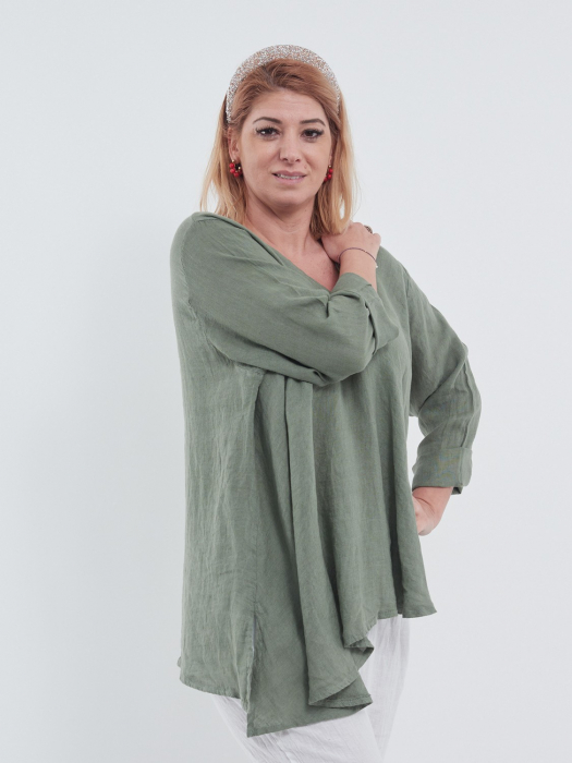 Bluză kaki elegantă din in cu decolteu în V, achior și croială asimetrică [2]