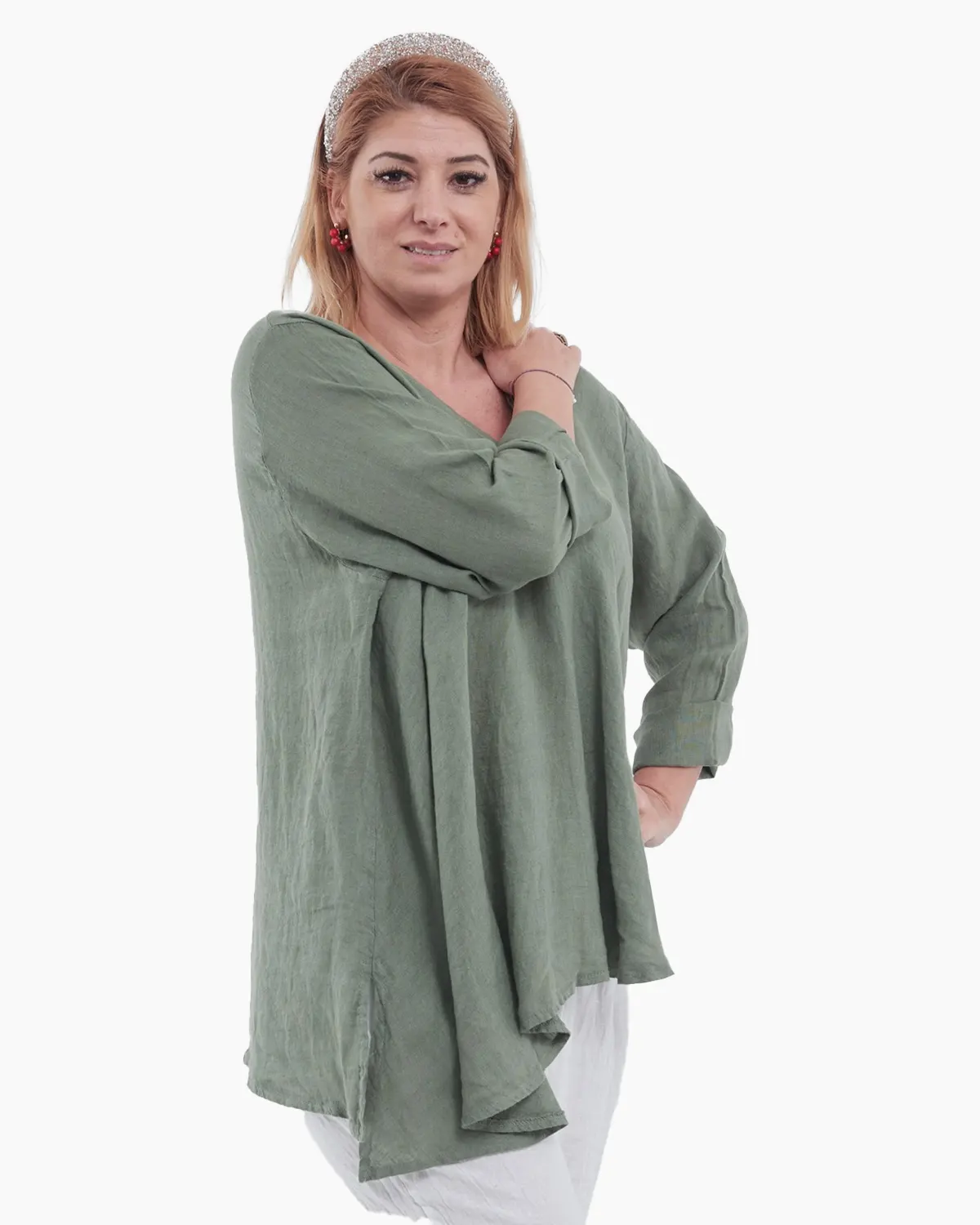 Bluză kaki elegantă din in cu decolteu în V, achior și croială asimetrică [2]