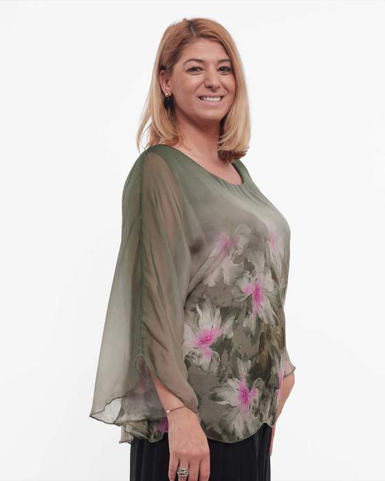 Bluză kaki elegantă stil kimono cu imprimeu floral [3]