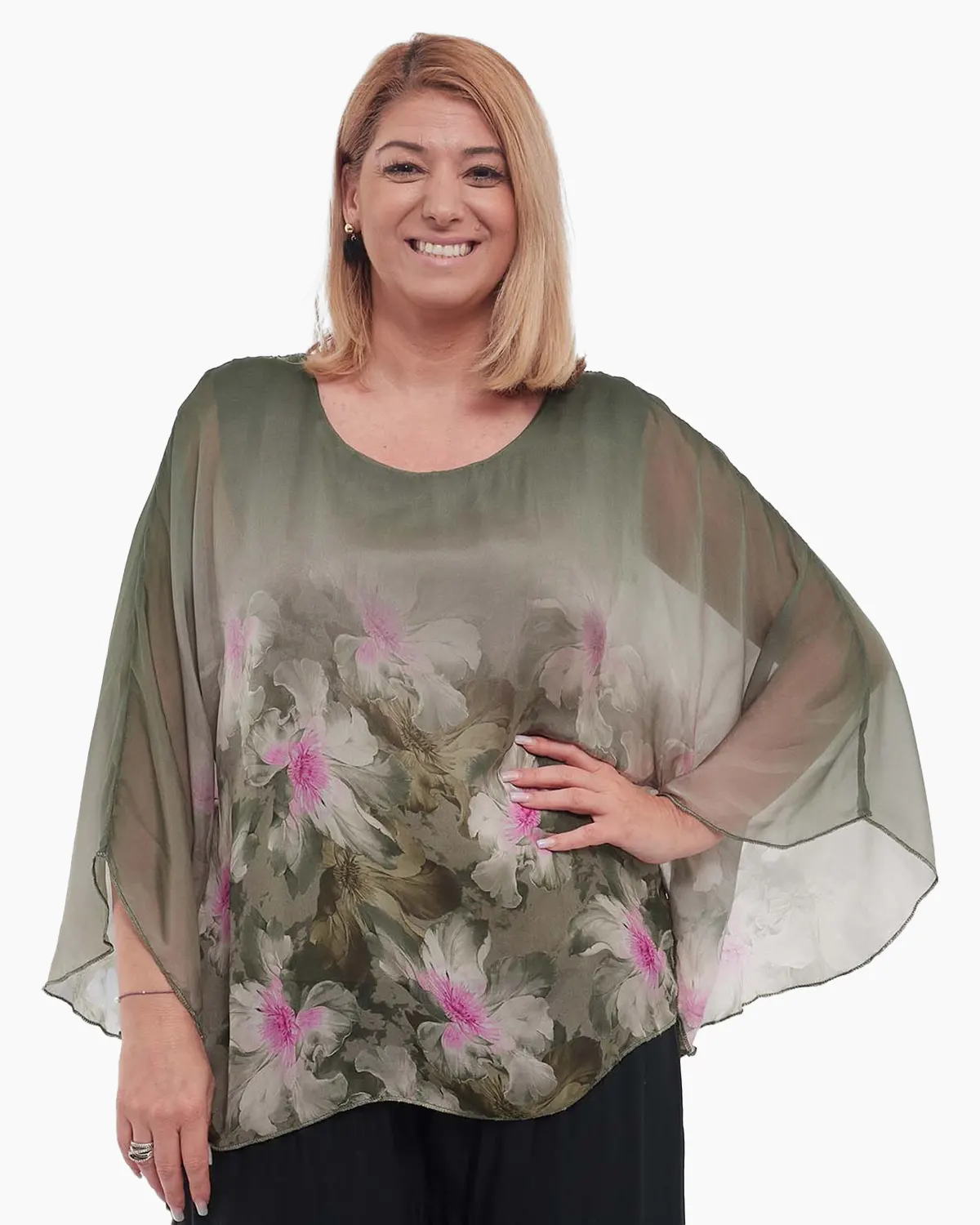 Bluză kaki elegantă stil kimono cu imprimeu floral [1]