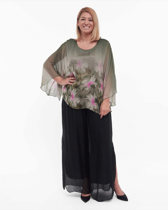 Bluză kaki elegantă stil kimono cu imprimeu floral [4]