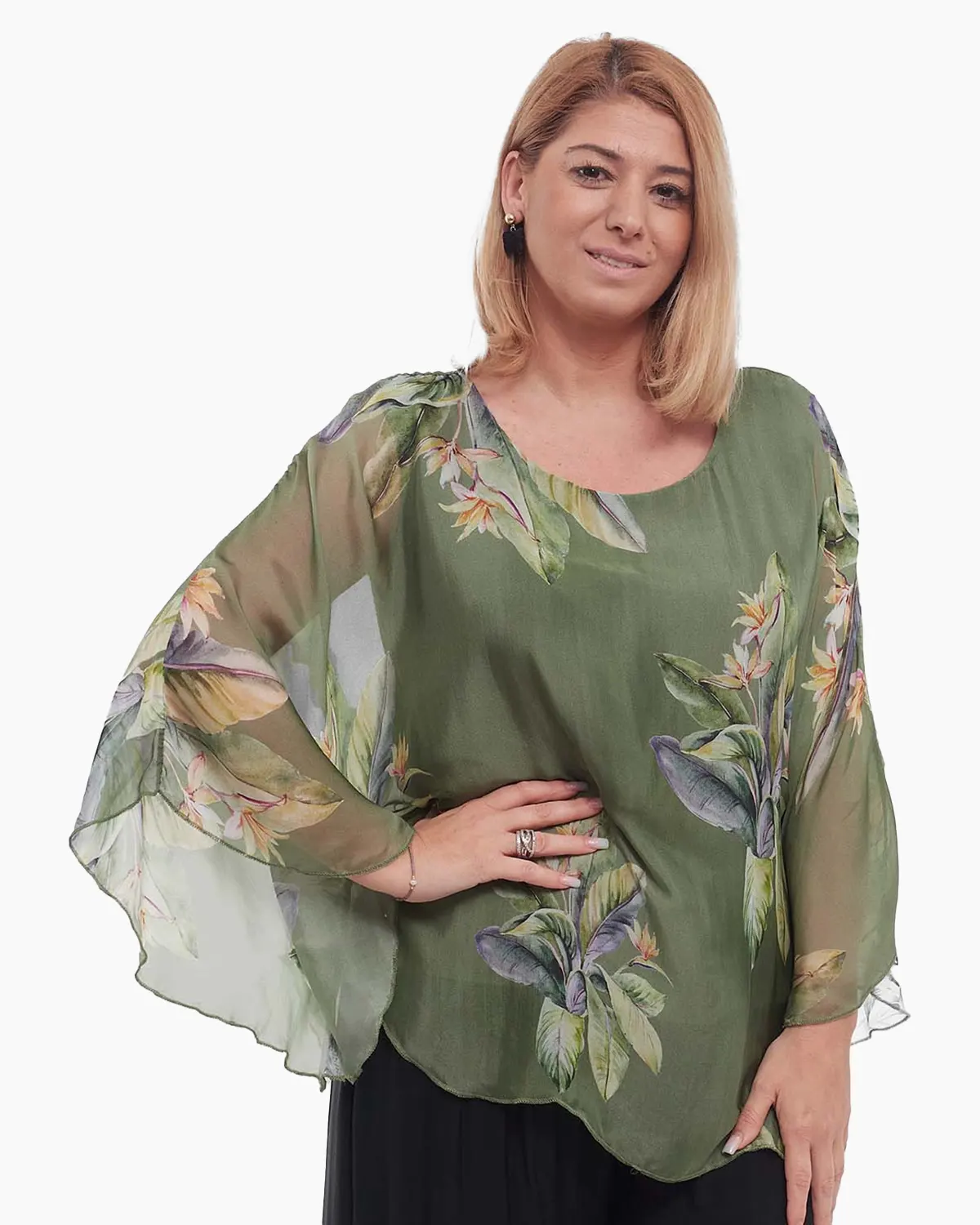 Bluză kaki stil kimono cu imprimeu floral din vâscoză [3]