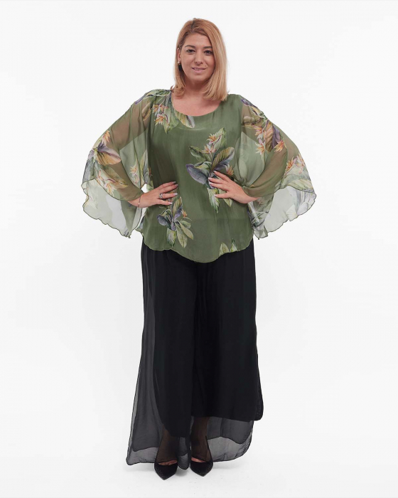 Bluză kaki stil kimono cu imprimeu floral din vâscoză [4]