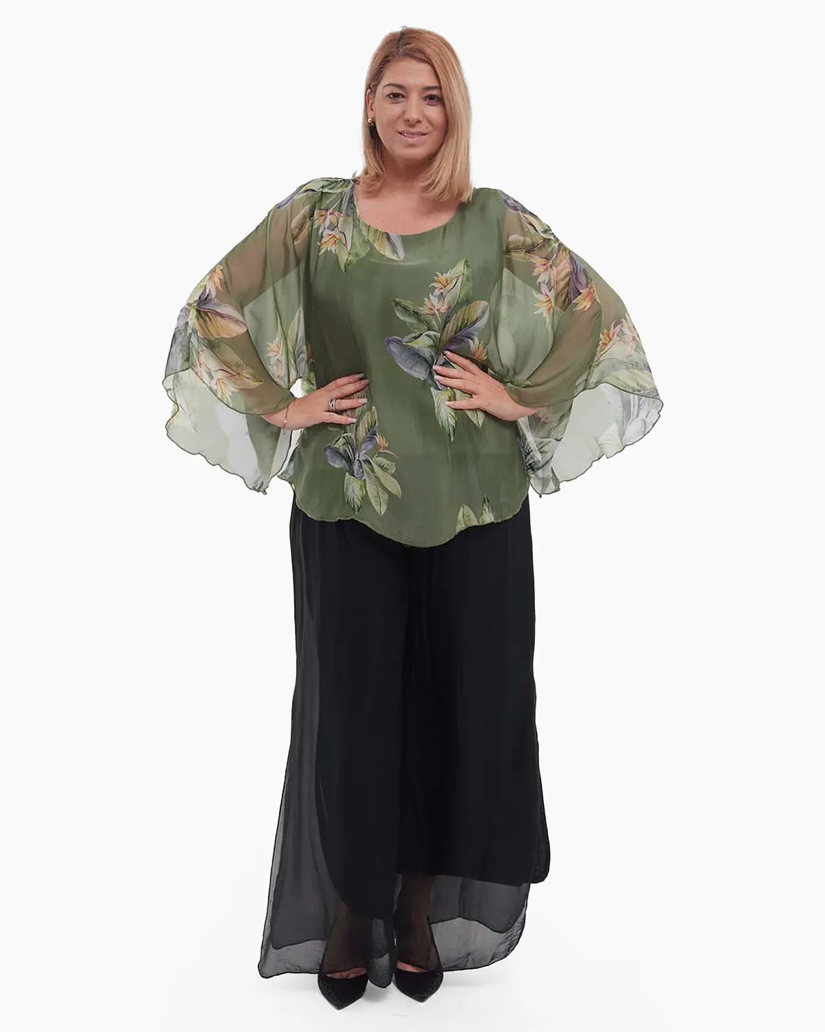 Bluză kaki stil kimono cu imprimeu floral din vâscoză [4]
