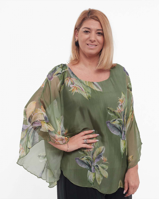Bluză kaki stil kimono cu imprimeu floral din vâscoză [1]
