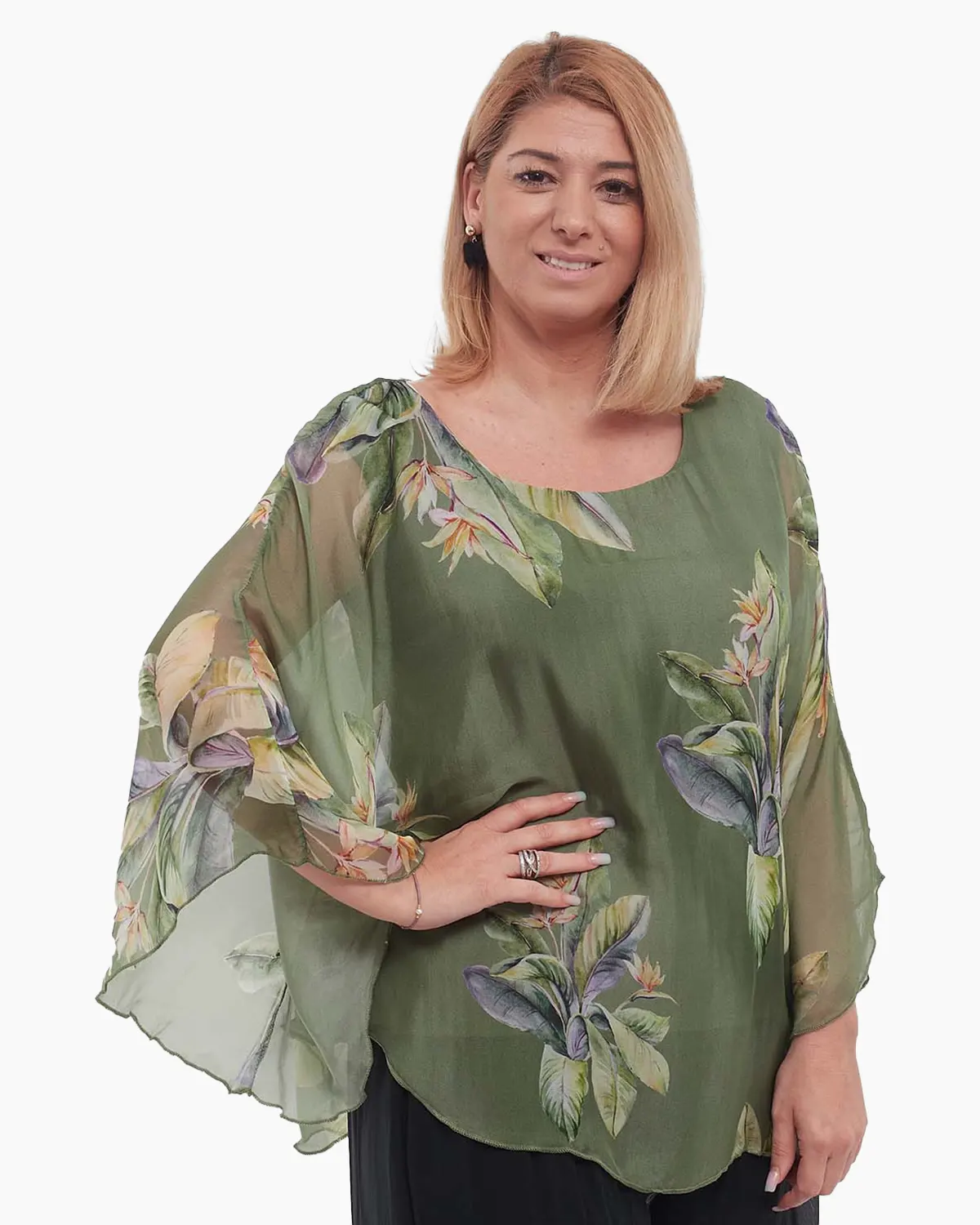 Bluză kaki stil kimono cu imprimeu floral din vâscoză [1]