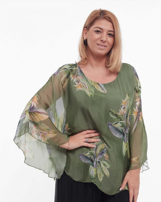 Bluză kaki stil kimono cu imprimeu floral din vâscoză [3]