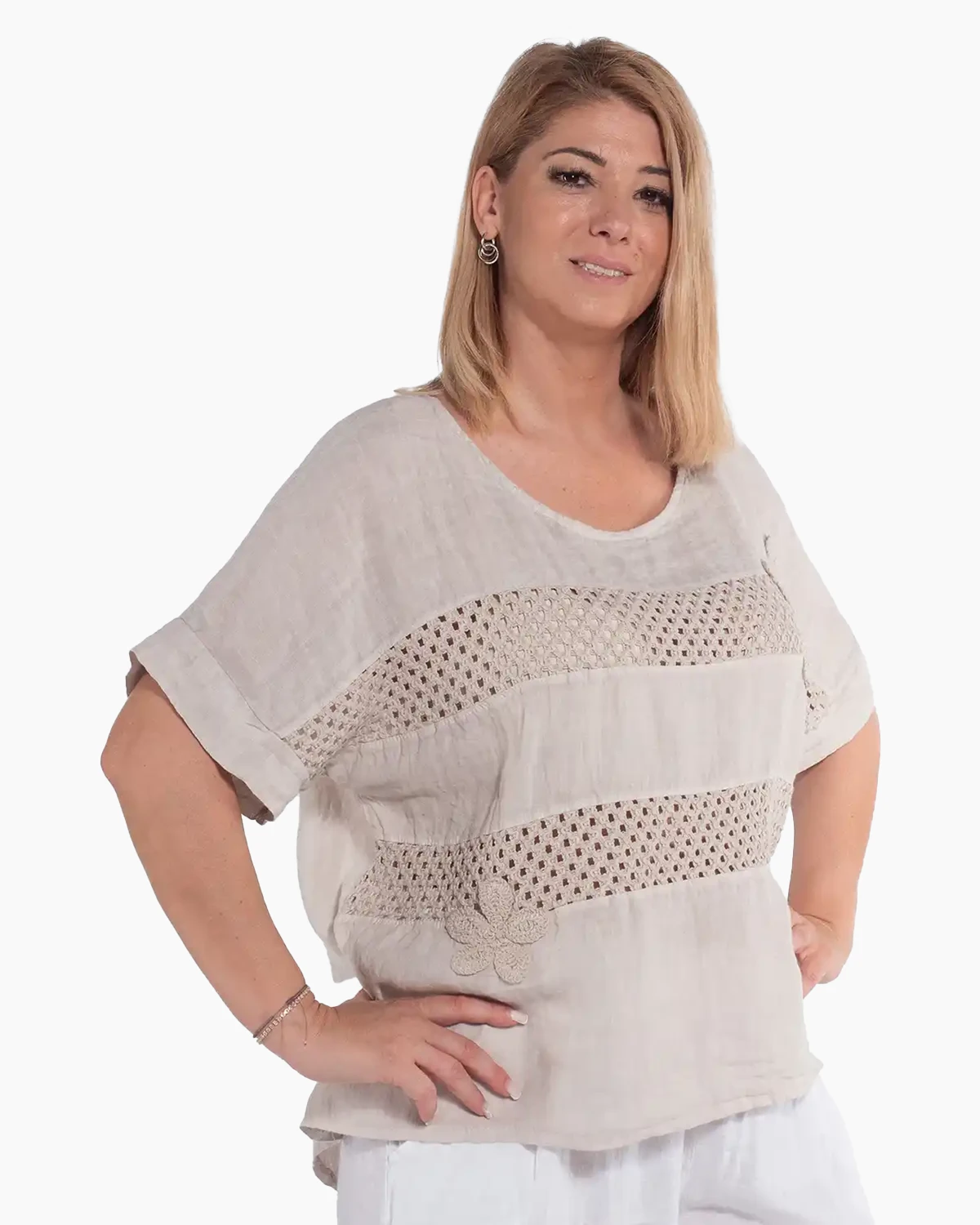 Bluză lejeră bej din in cu flori macrame și mâneci kimono [4]