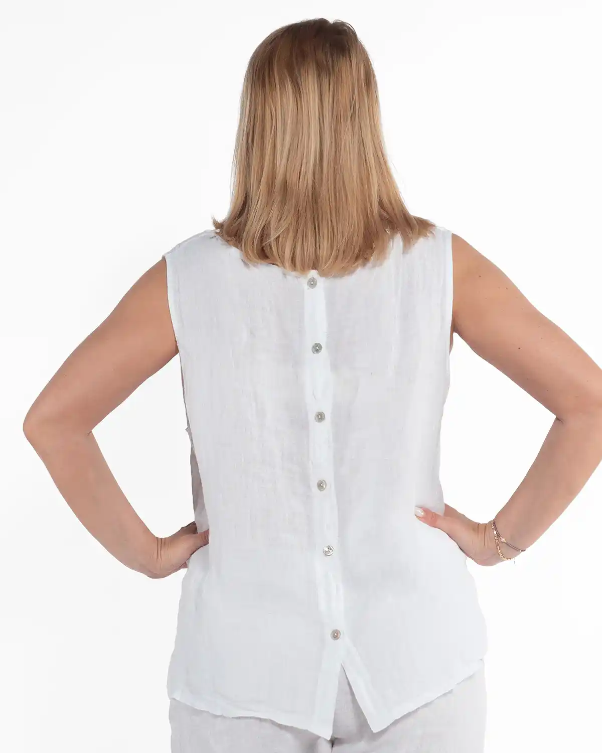 Bluză lejeră din in alb vibrant cu design casual [2]