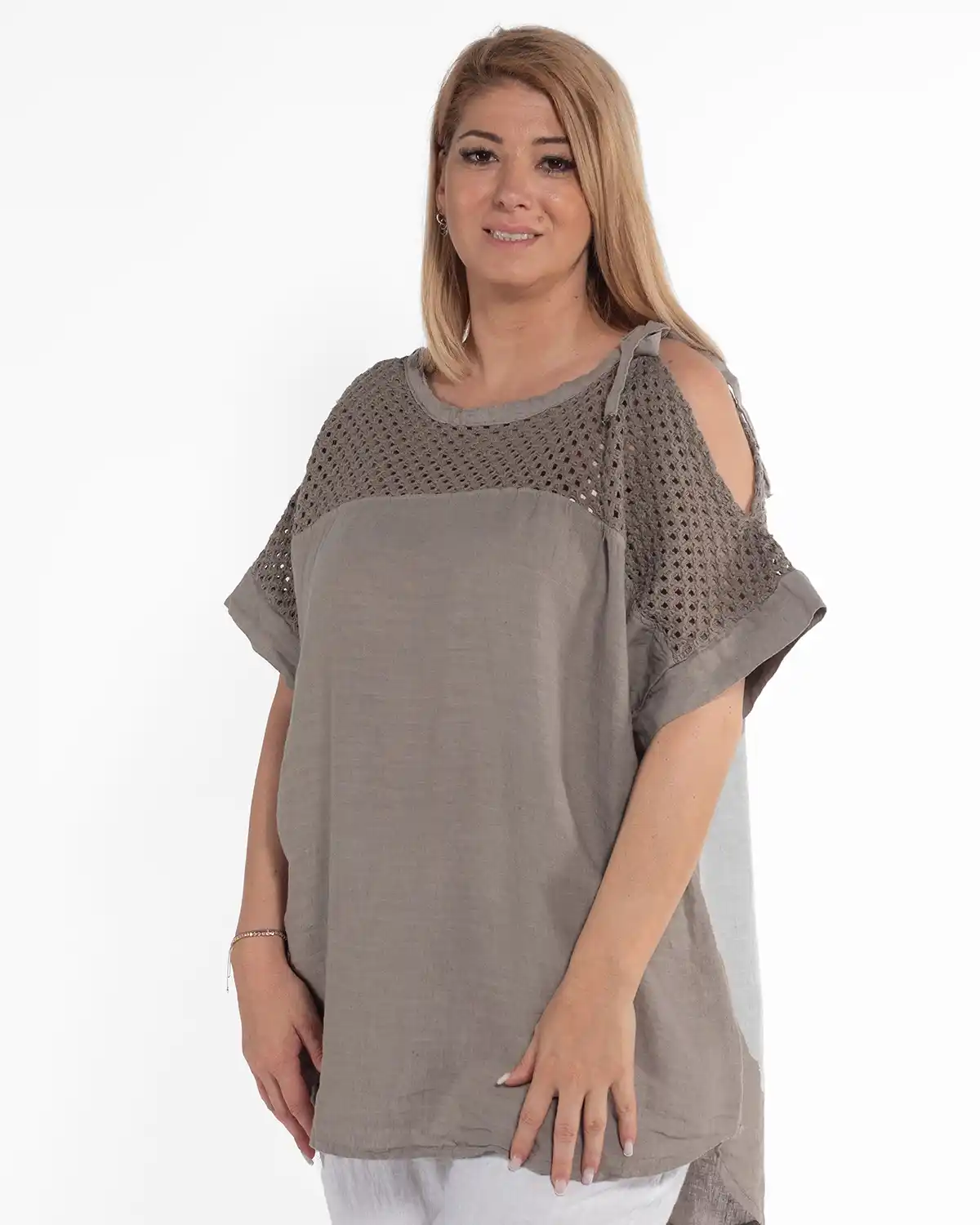Bluză lejeră din in bej-fango cu mânecă kimono asimetrică [4]