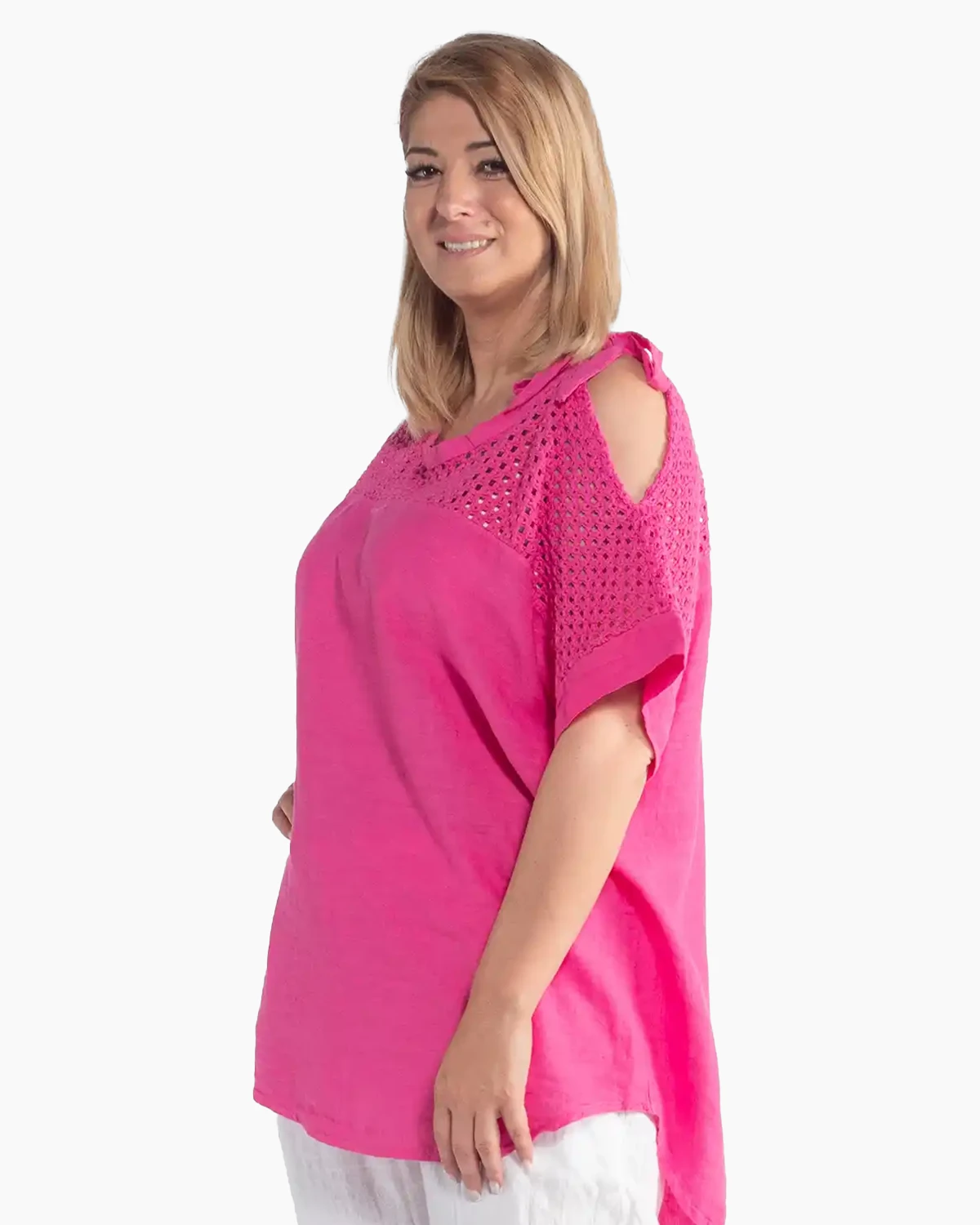 Bluză lejeră fucsia din in cu mâneci kimono [4]
