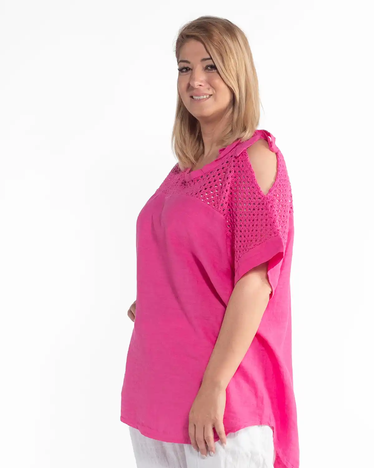 Bluză lejeră fucsia din in cu mâneci kimono [4]