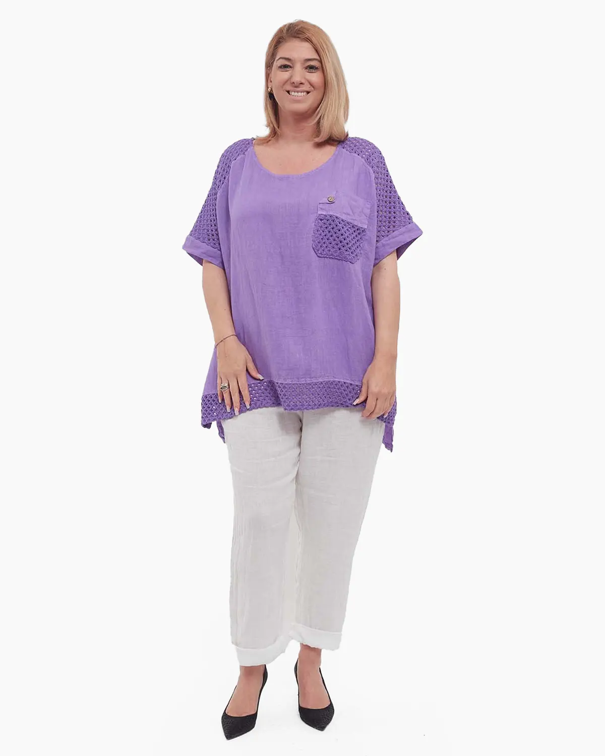 Bluză lila din in, tunică lungă batwing smart casual [4]