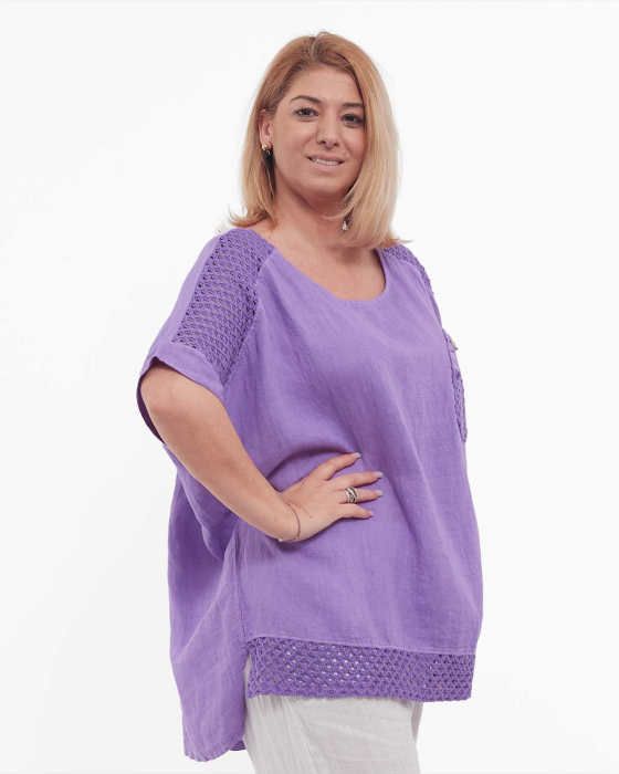 Bluză lila din in, tunică lungă batwing smart casual [3]