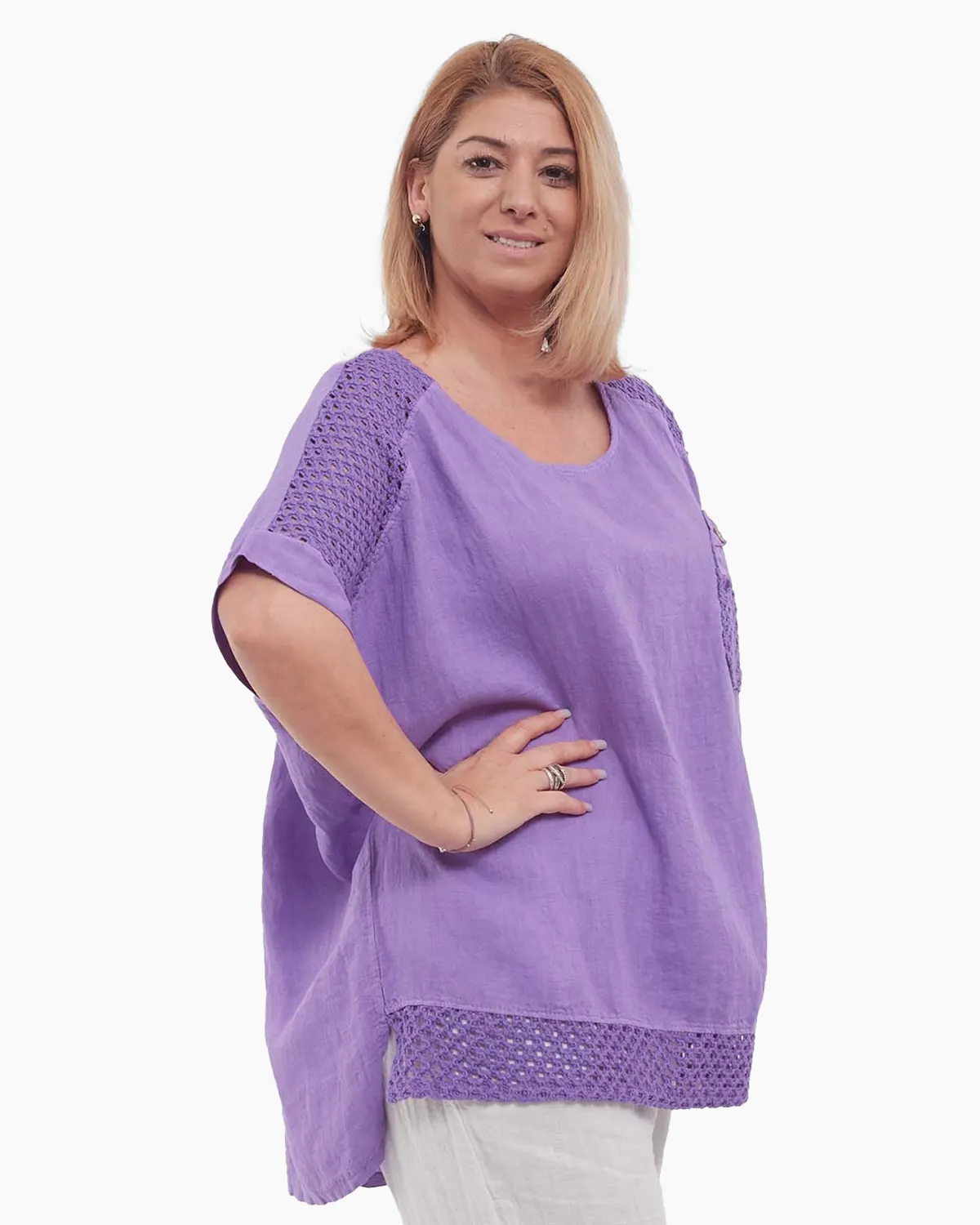 Bluză lila din in, tunică lungă batwing smart casual [3]
