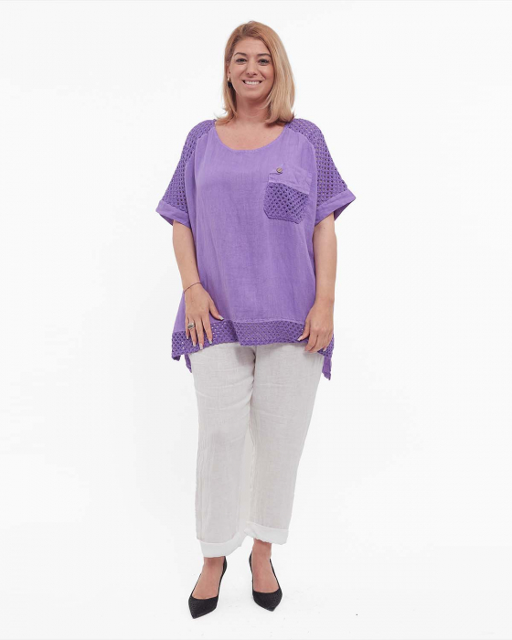Bluză lila din in, tunică lungă batwing smart casual [4]
