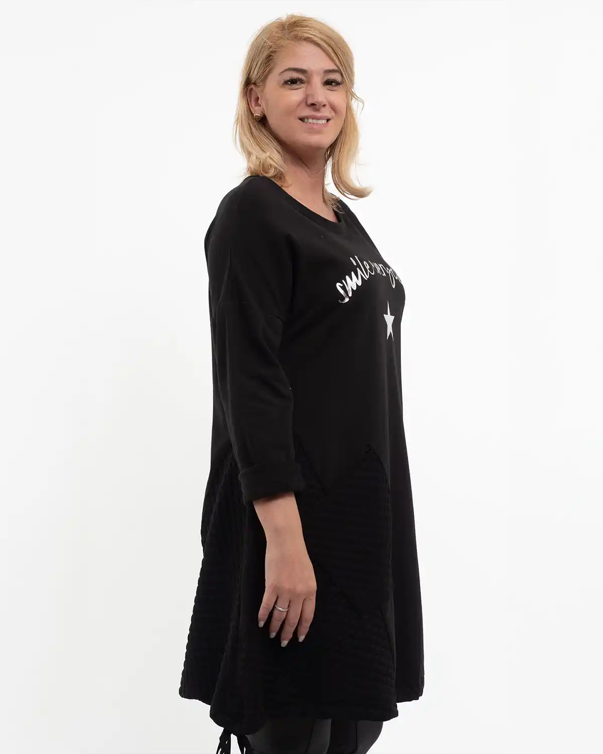 Bluza lungă neagră din bumbac gros cu mesaj Smile Everyday [3]