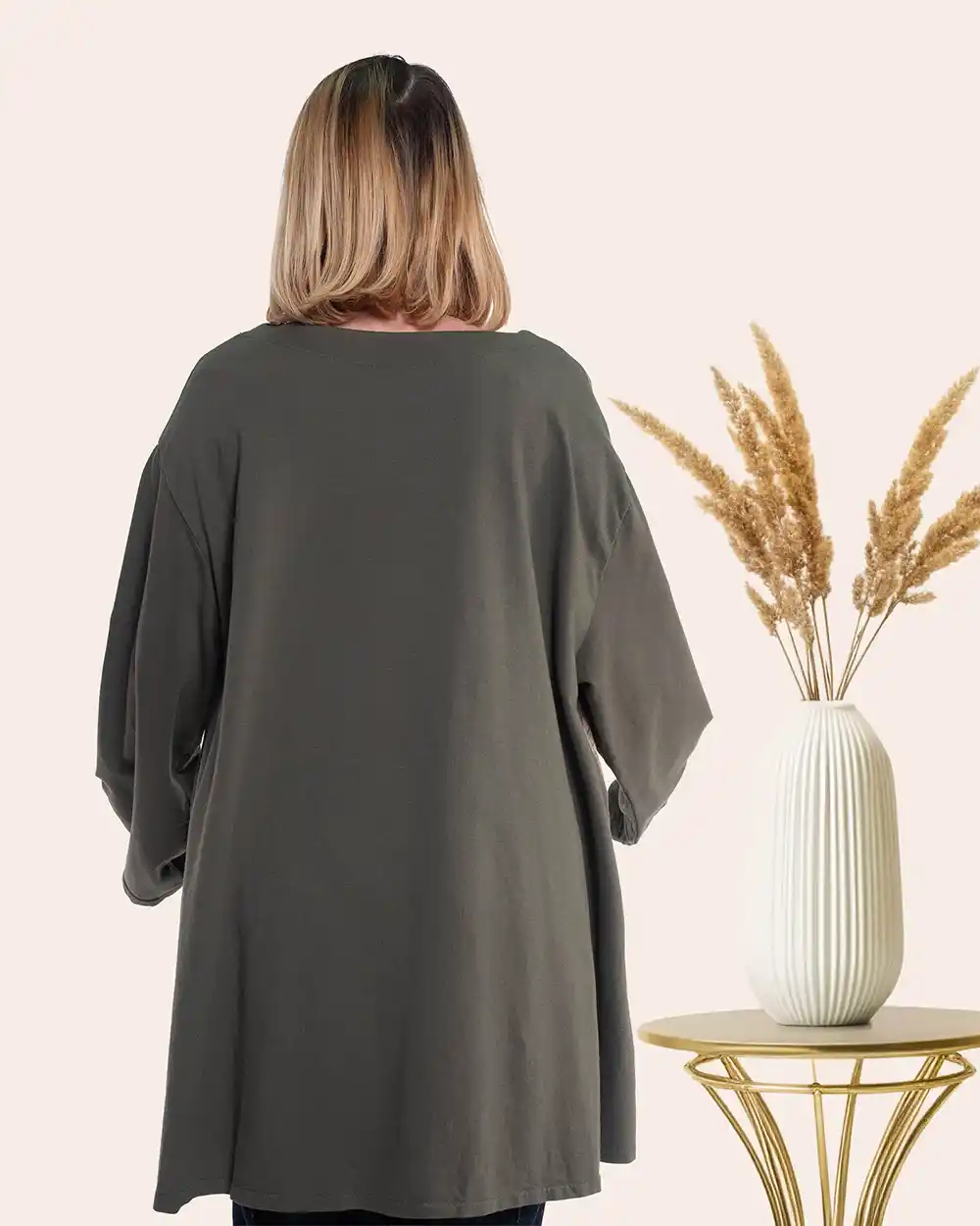 Bluză lungă urban-retro kaki oversize bumbac cu imprimeu și aplicație cu franjuri [2]