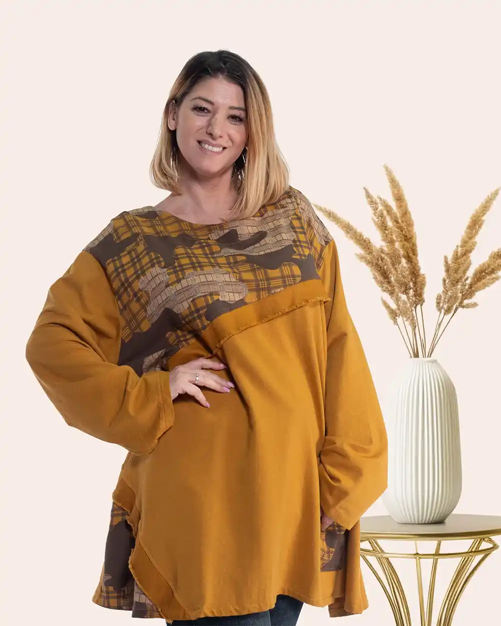 Bluză lungă urban-retro muștar oversize bumbac cu imprimeu și aplicație cu franjuri [3]