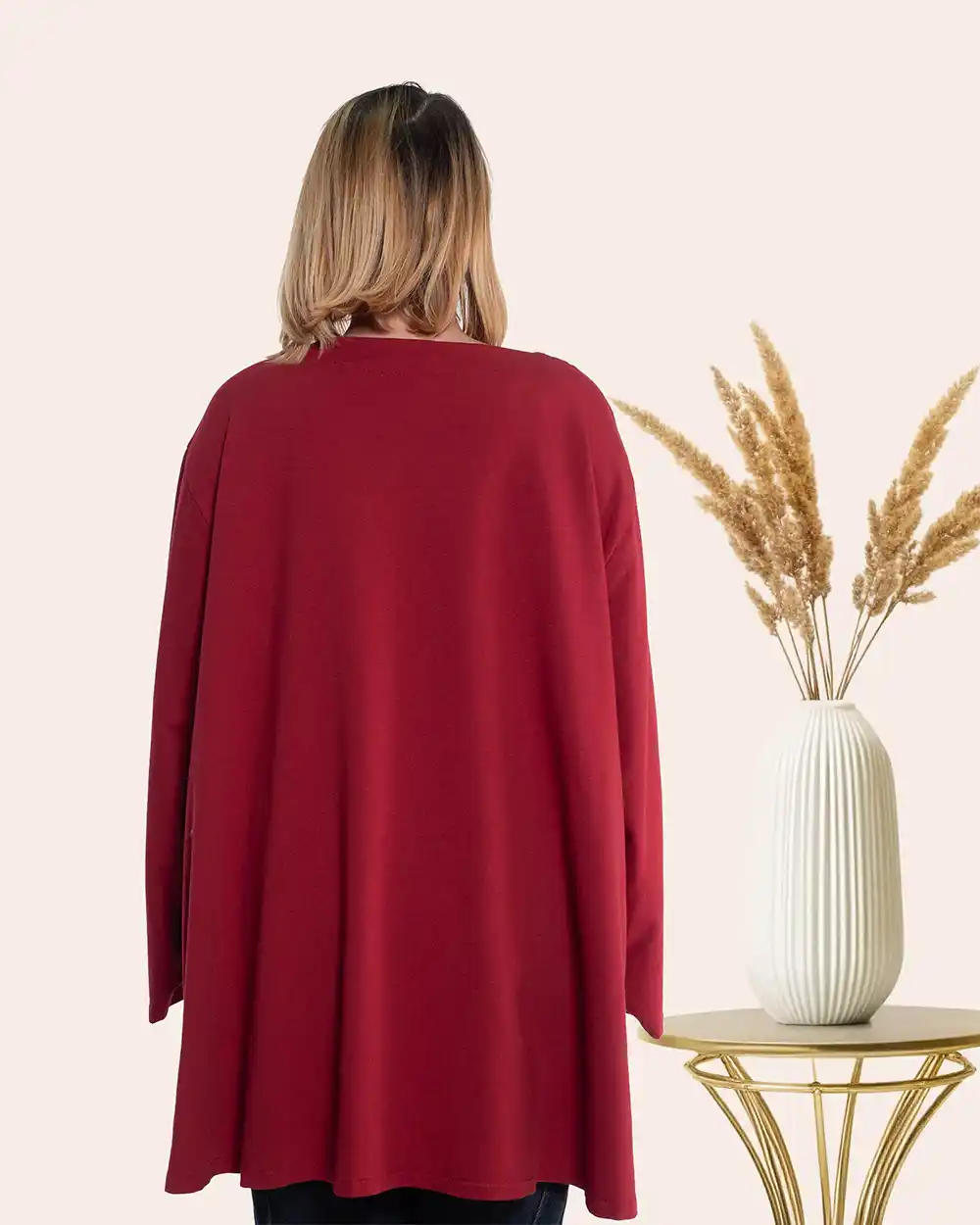 Bluză lungă urban-retro roșie oversize bumbac cu imprimeu și aplicație cu franjuri [2]