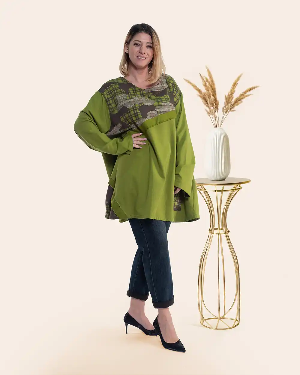 Bluză lungă urban-retro vernil oversize bumbac cu imprimeu și aplicație cu franjuri [3]