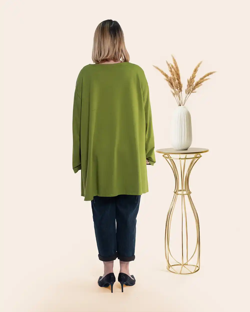 Bluză lungă urban-retro vernil oversize bumbac cu imprimeu și aplicație cu franjuri [2]