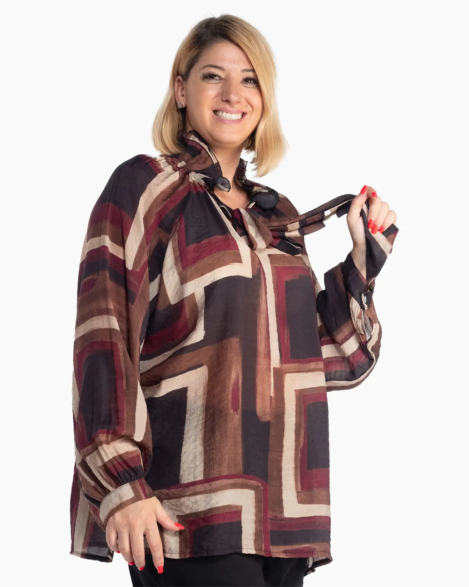 Bluză maro boho fluidă cu imprimeu geometric și mâneci bufante [3]