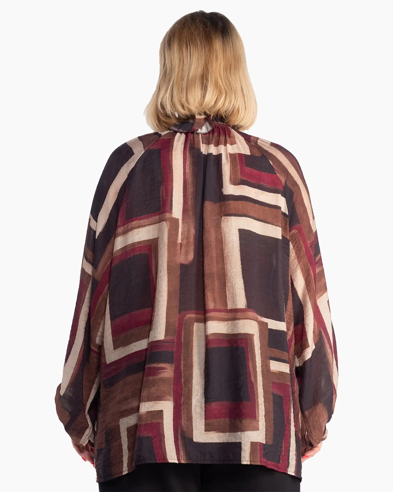 Bluză maro boho fluidă cu imprimeu geometric și mâneci bufante [2]