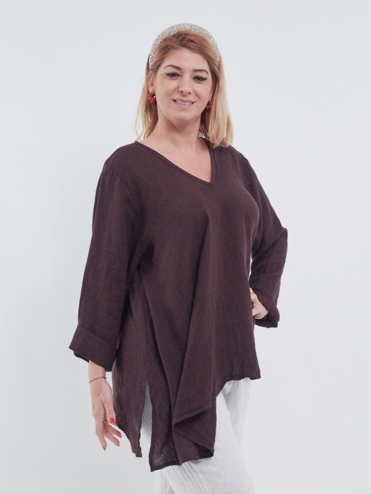 Bluză maro elegantă din in cu maneci lungi, decolteu în V și croială lejeră [3]