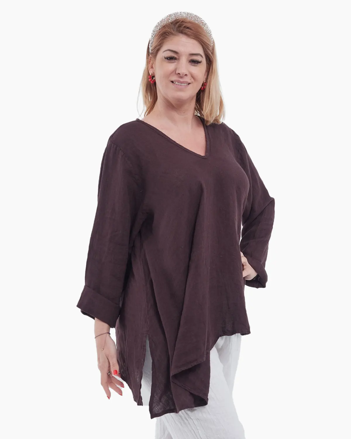 Bluză maro elegantă din in cu maneci lungi, decolteu în V și croială lejeră [3]
