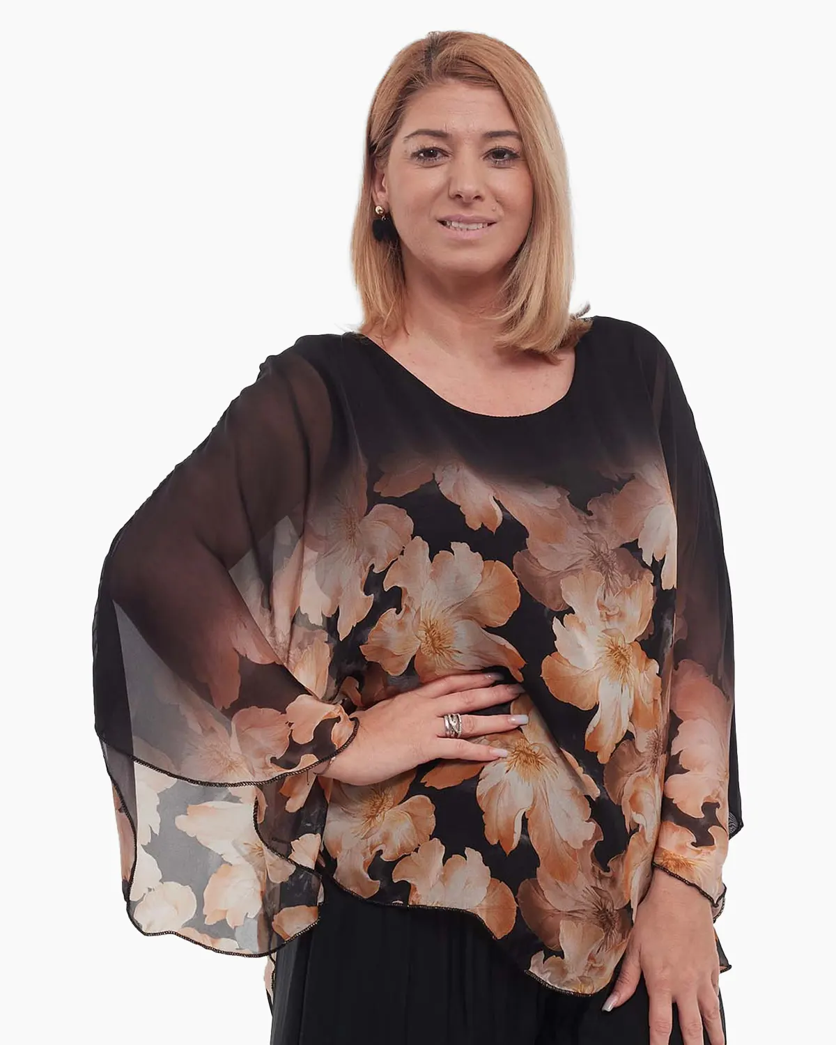 Bluză maro vaporoasă stil kimono cu imprimeu floral [1]